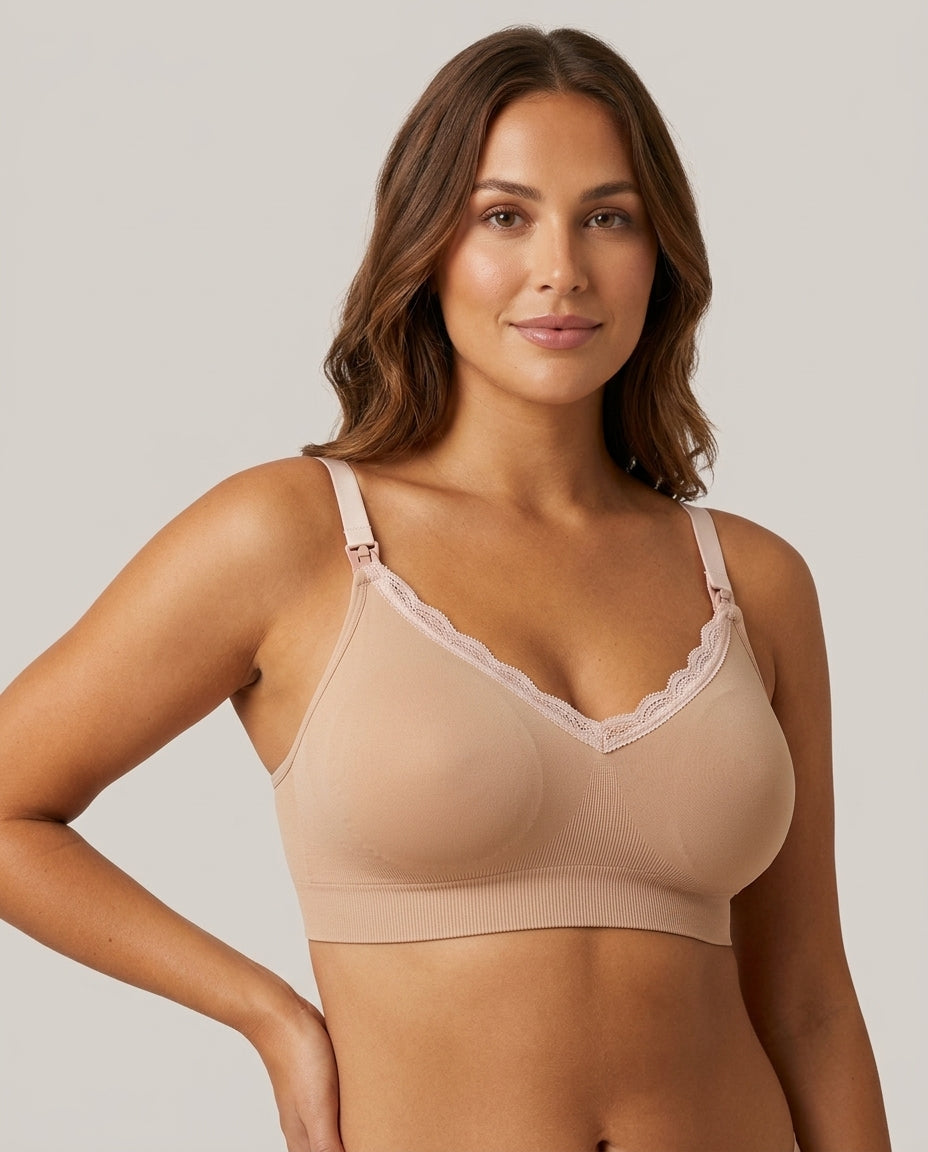 Ruby Seamless Wireless Lace Nursing Bra Nude Beige Hero Front Model