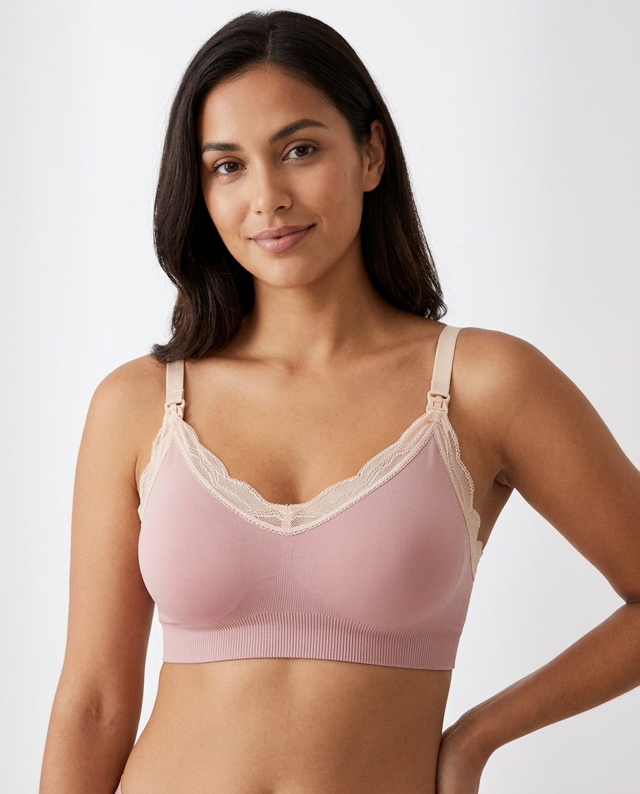 Ruby Seamless Wireless Lace Nursing Bra Soft Pink Hero Front Model