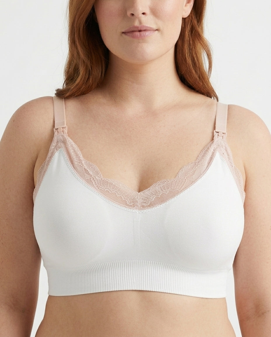 Ruby Seamless Wireless Lace Nursing Bra White Front Close Product Detail