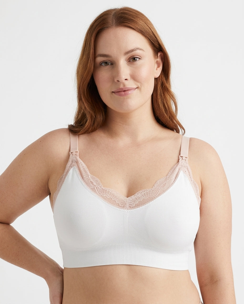 Ruby Seamless Wireless Lace Nursing Bra White Hero Front Model