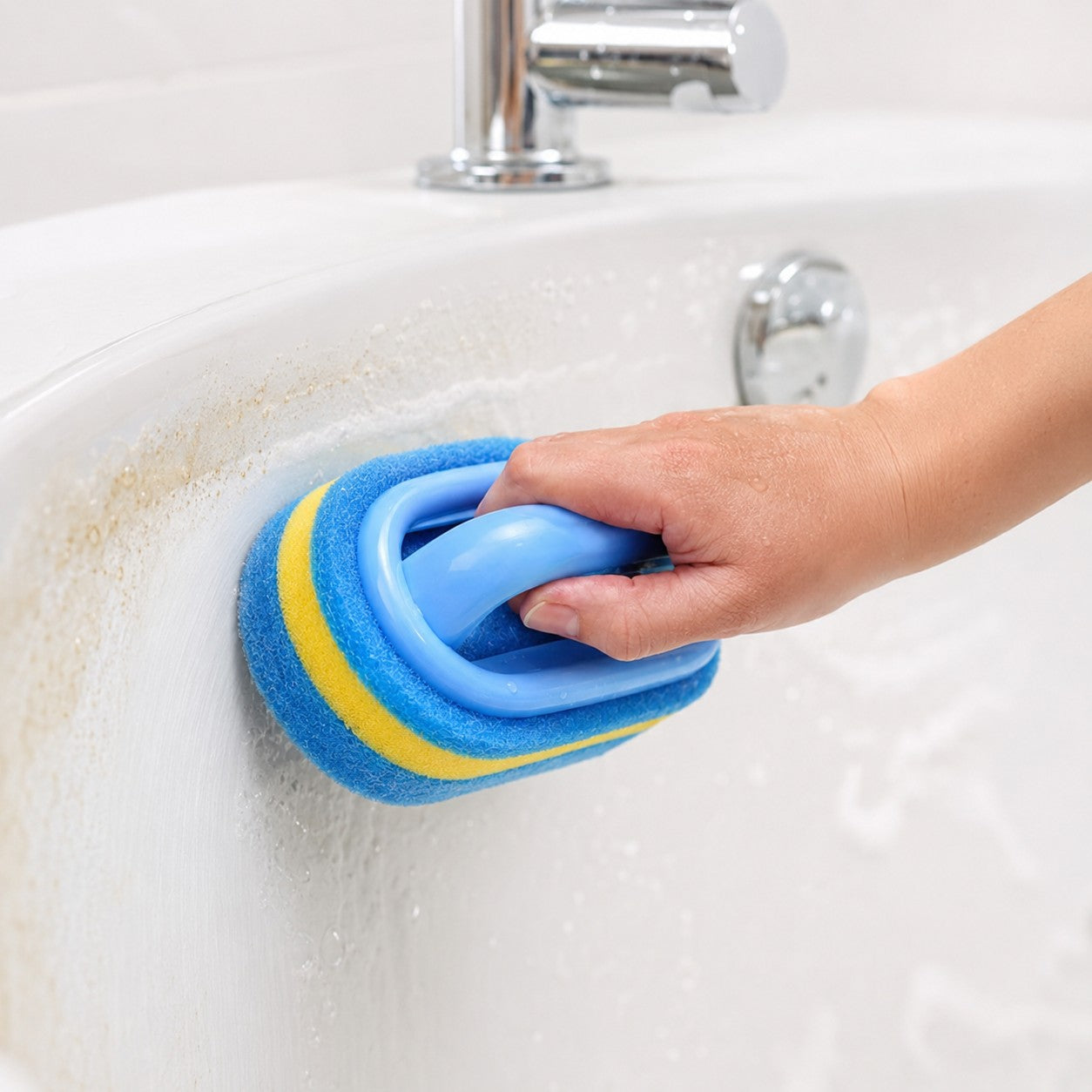 Scrubbing a bathtub with the ScrubEase handle brush