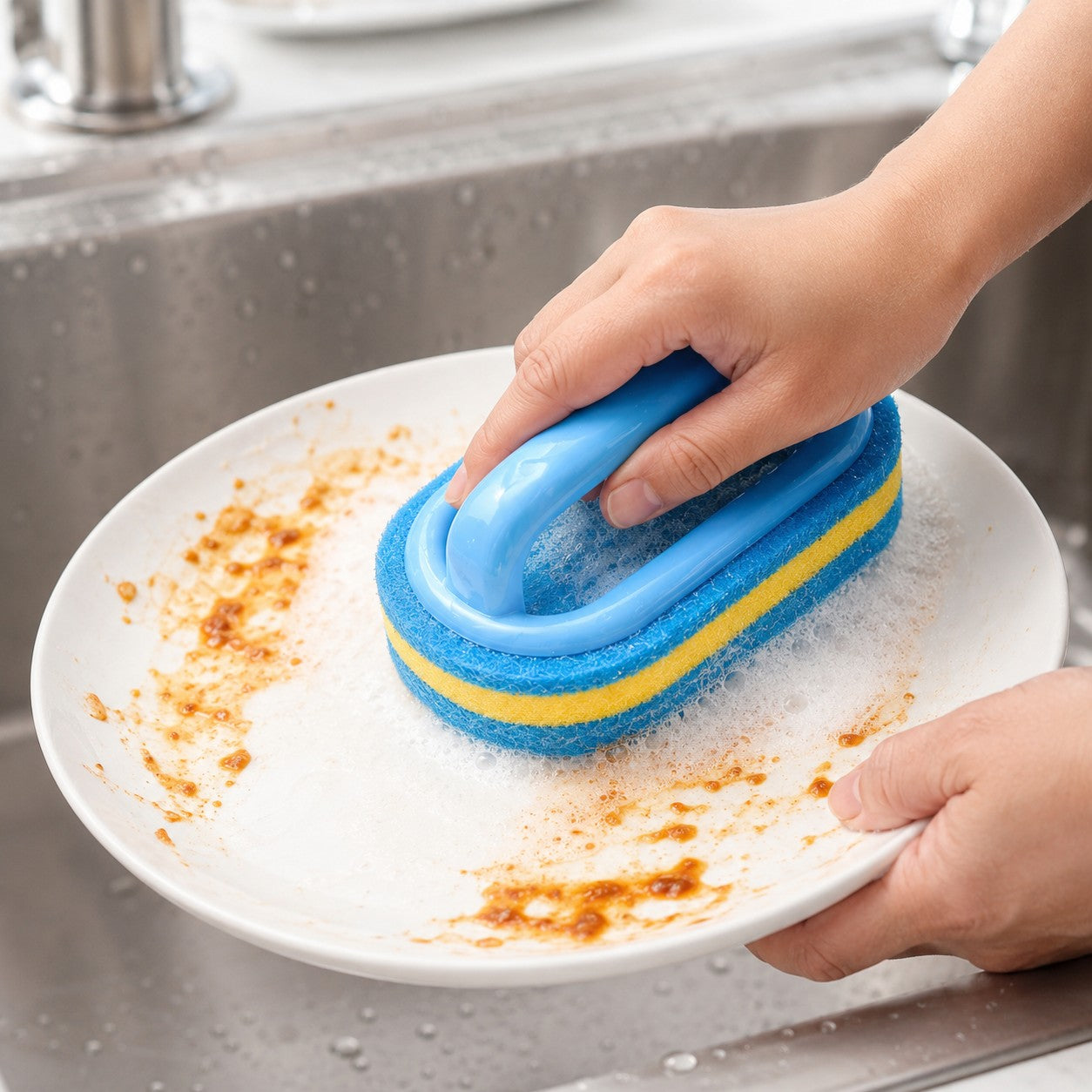 Scrubbing a plate clean with the ScrubEase brush