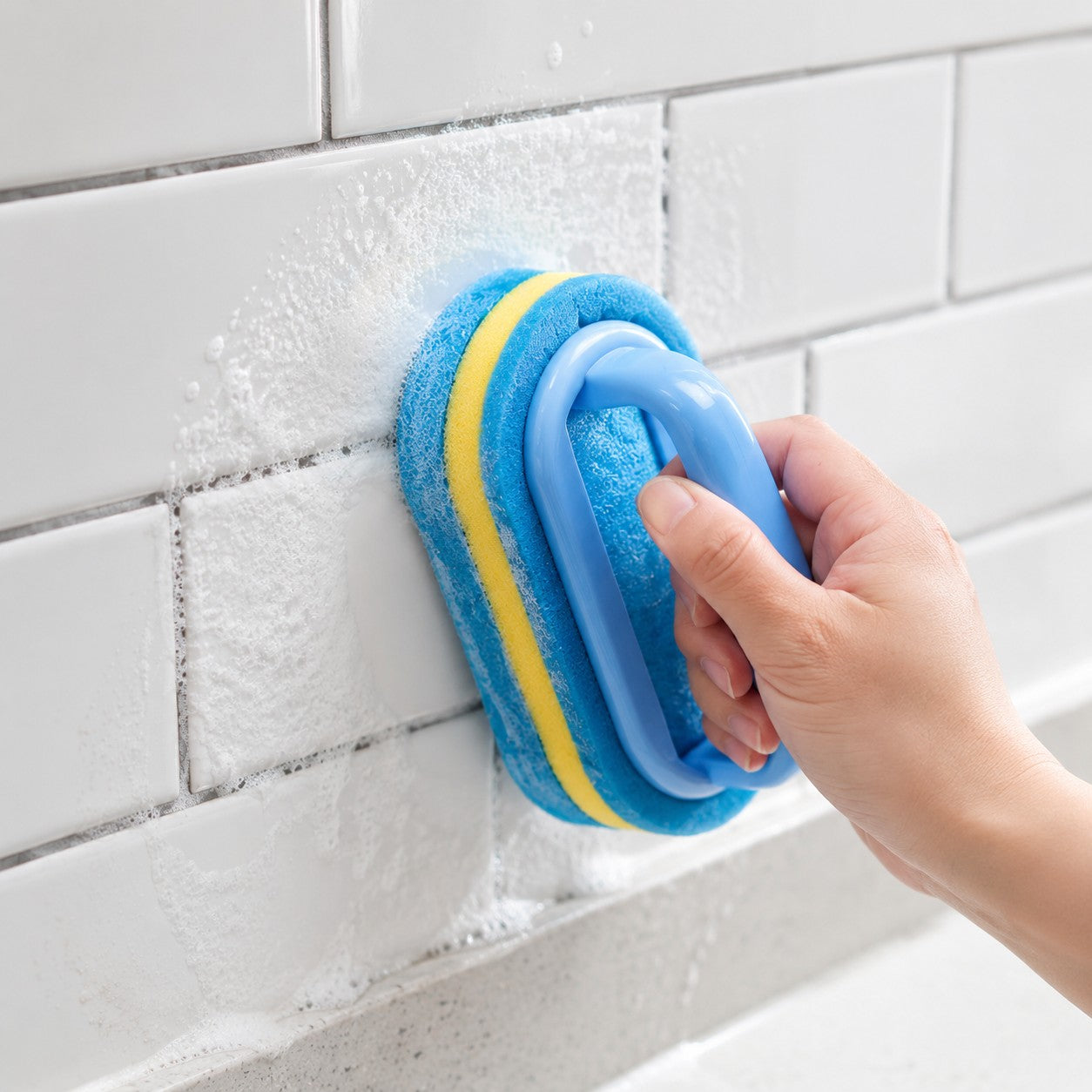 Cleaning tiled walls with the ScrubEase sponge brush