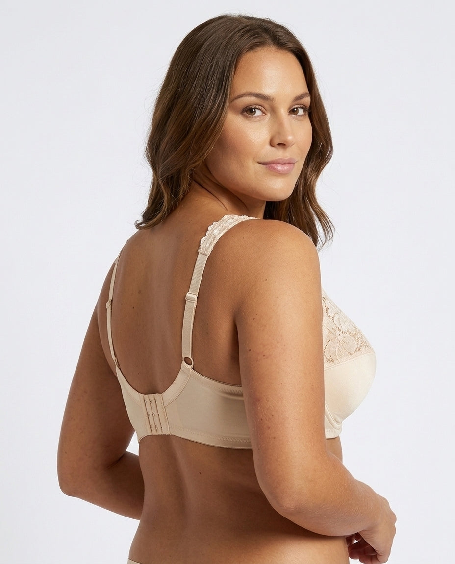 Serena Lace Floral Support Bra Beige Champagne Side Back Hook Strap Detail