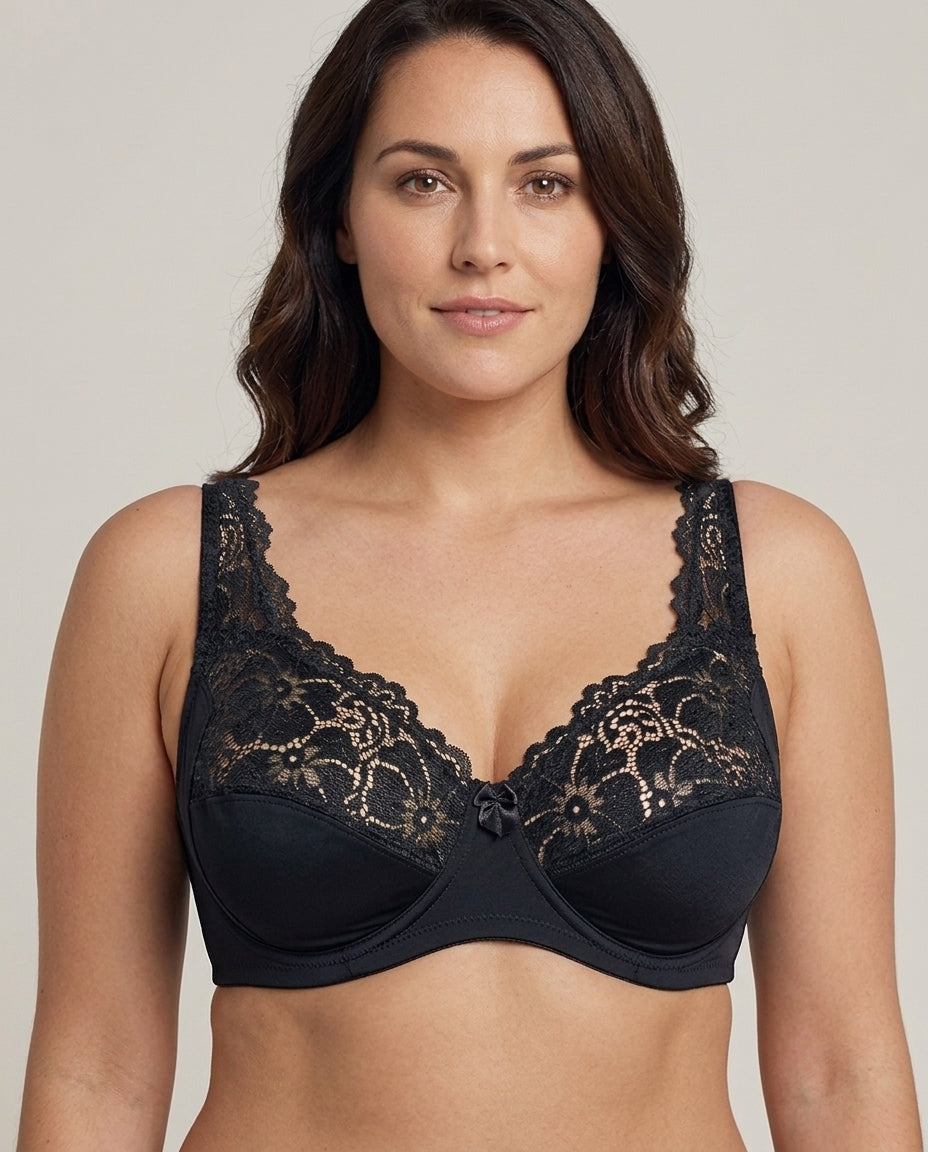 Serena Lace Floral Support Bra Black Front Close Product Detail