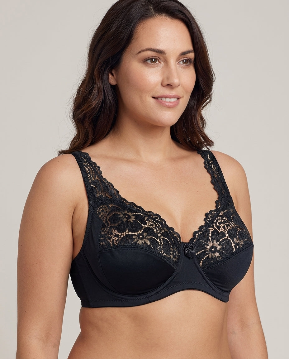Serena Lace Floral Support Bra Black Hero Front Model