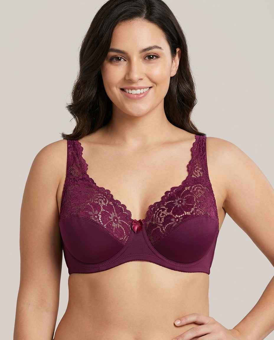 Serena Lace Floral Support Bra Burgundy Wine Hero Front Model