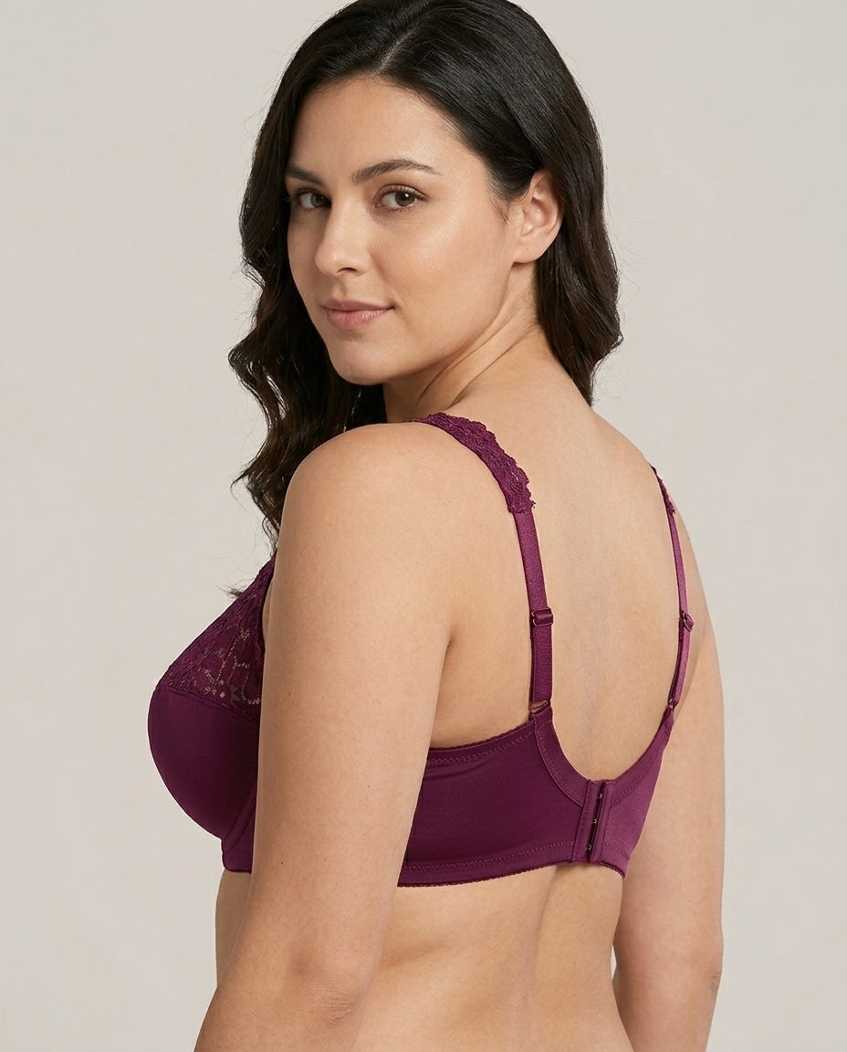 Serena Lace Floral Support Bra Burgundy Wine Side Back Hook Strap Detail