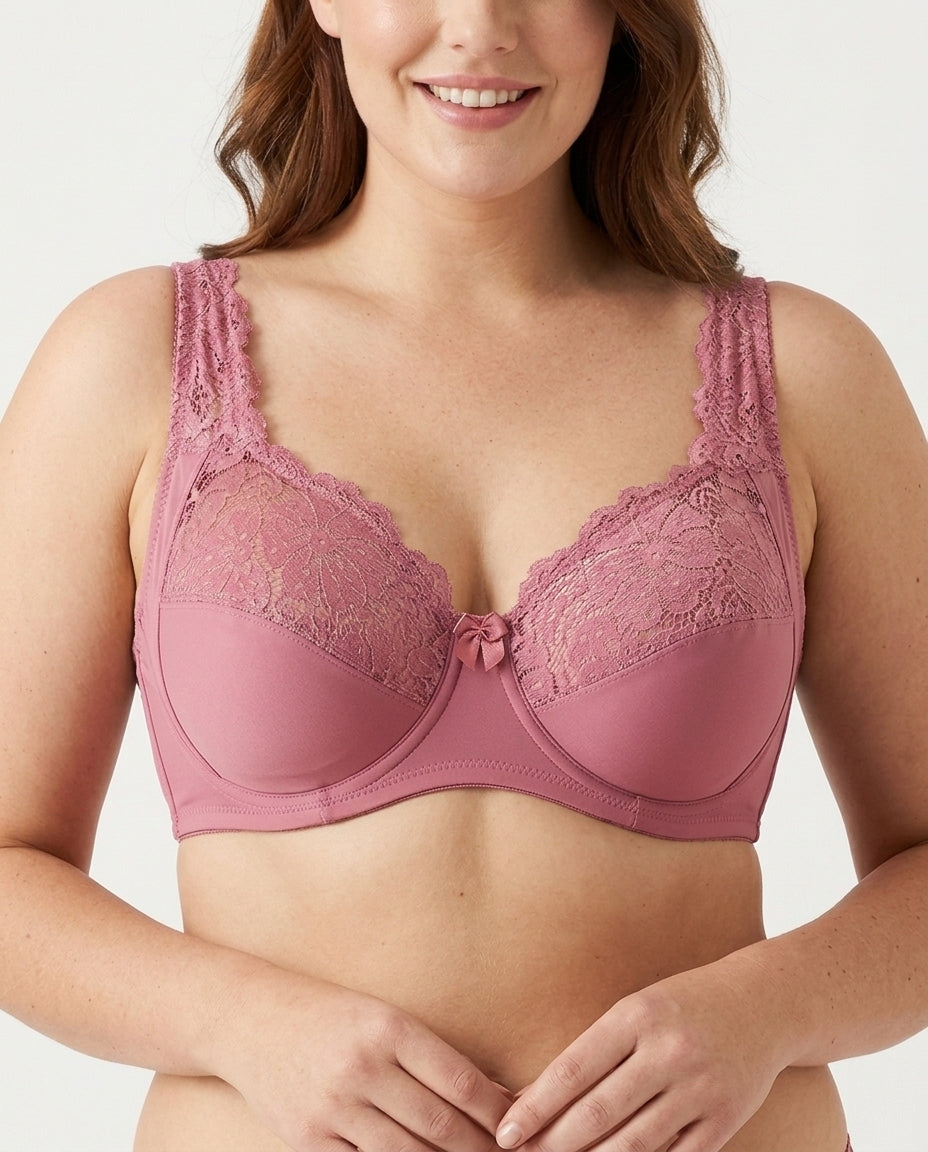 Serena Lace Floral Support Bra Dusty Rose Front Close Product Detail