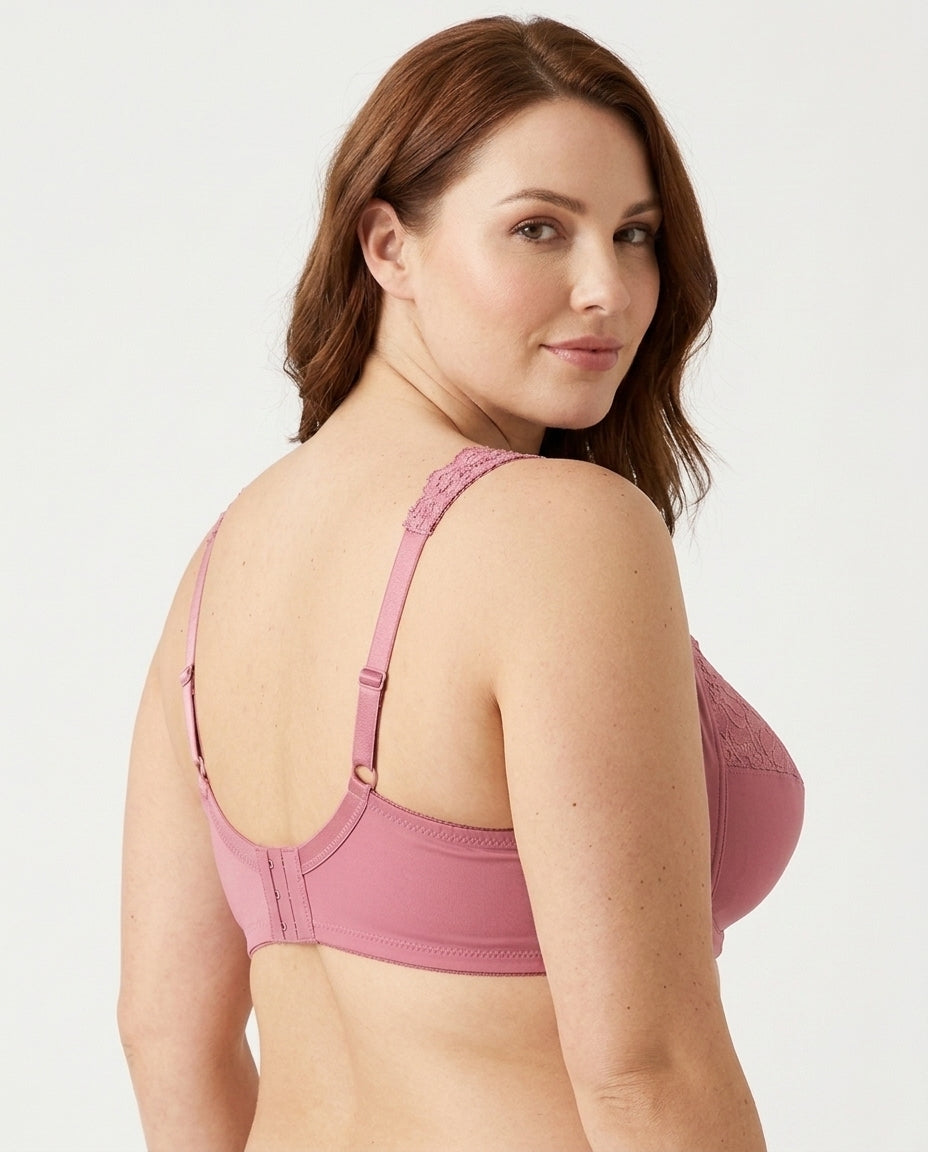 Serena Lace Floral Support Bra Dusty Rose Side Back Hook Strap Detail