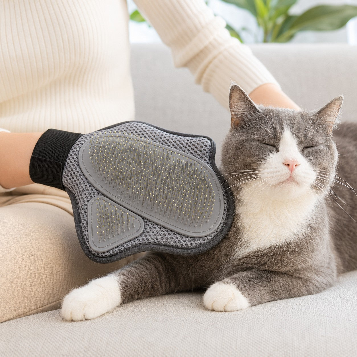 Grooming a cat on the sofa with the ShedEase glove