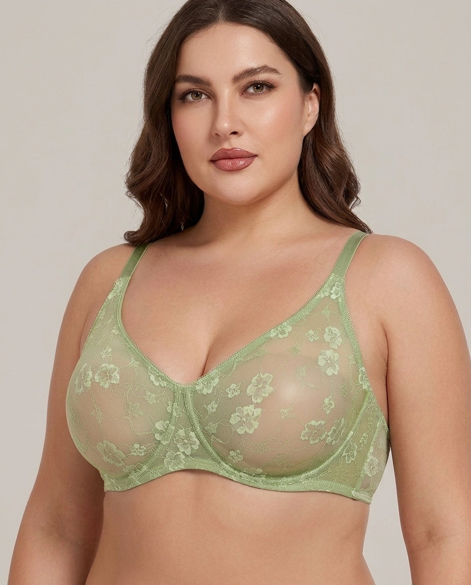 Siena Full Bust Lace Underwire Bra Green Lace Detail