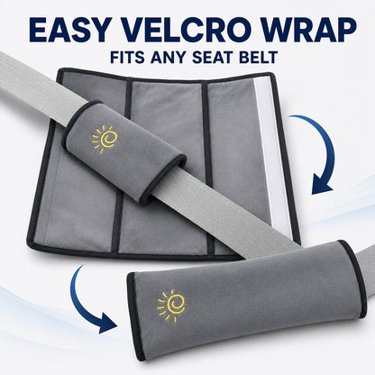 Easy velcro wrap fits over any seat belt in seconds
