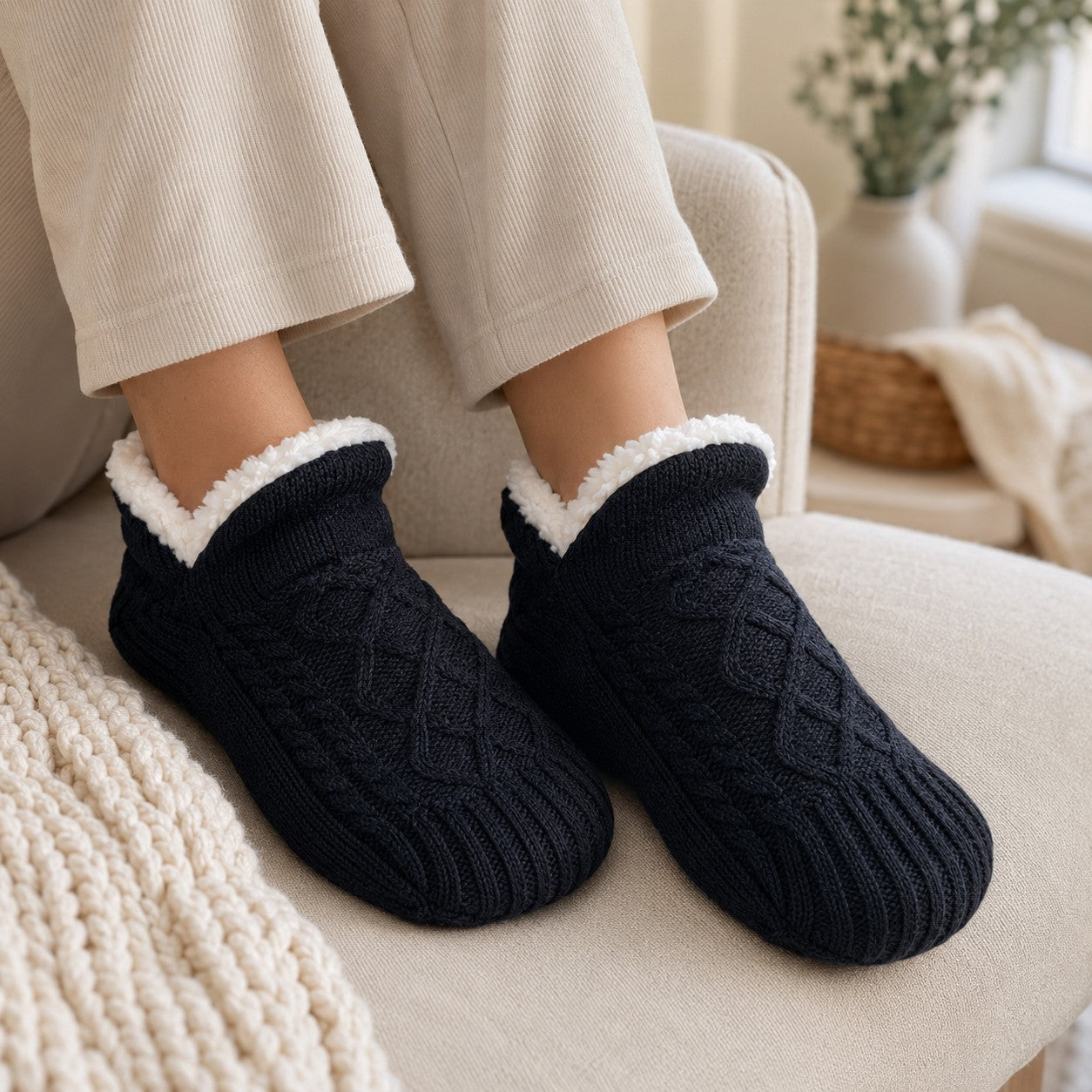 Close-up wearing the navy blue SnugSole thermal slipper socks