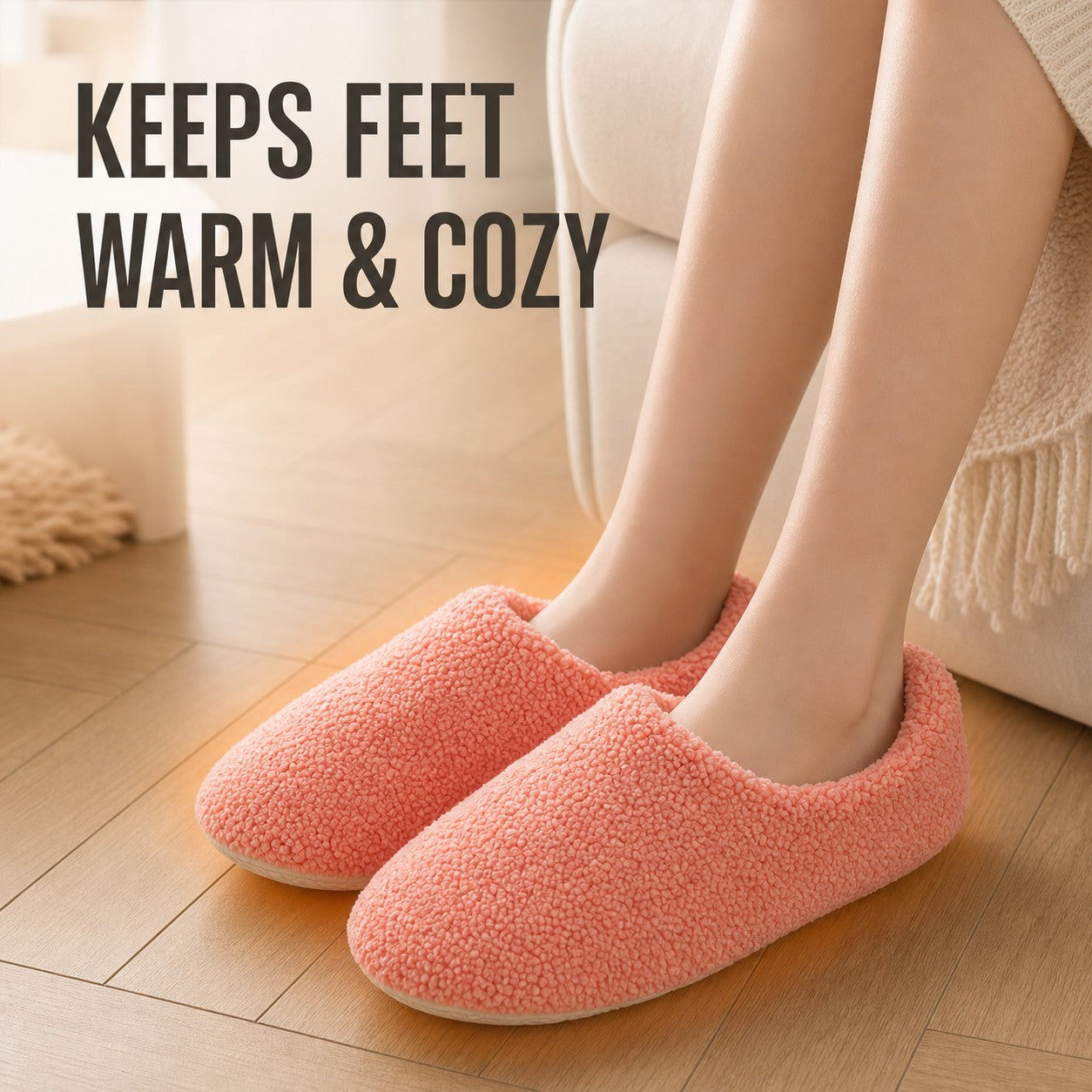 Close-up wearing the red SnugStep cosy slippers