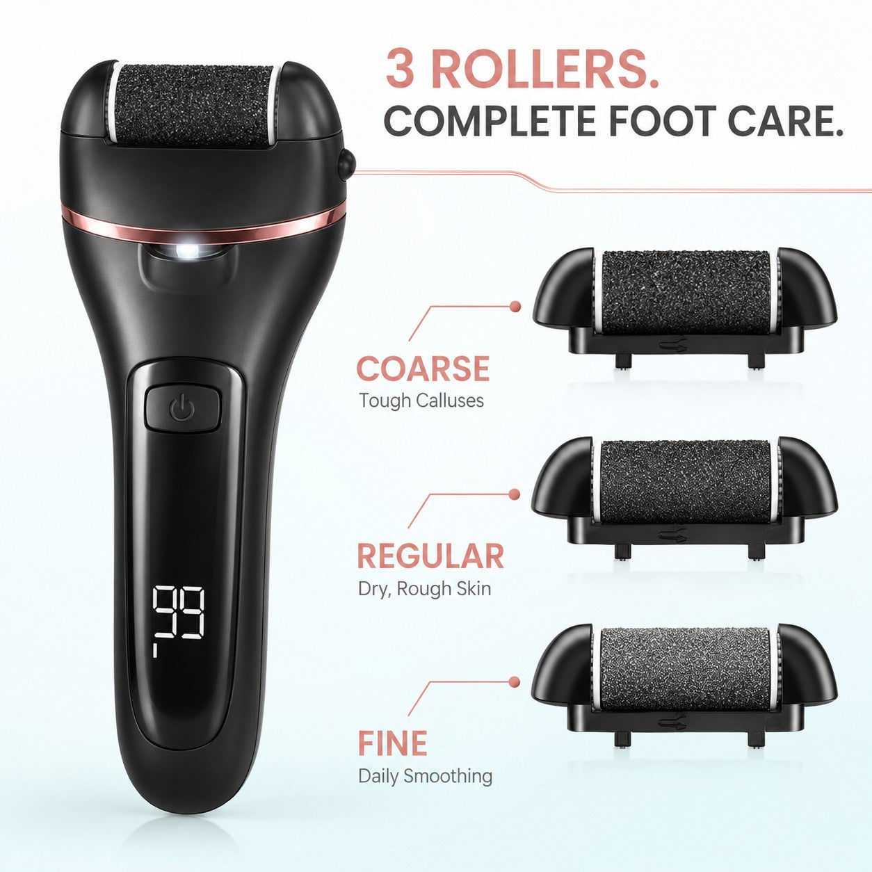 Three rollers - coarse, regular and fine - for complete foot care