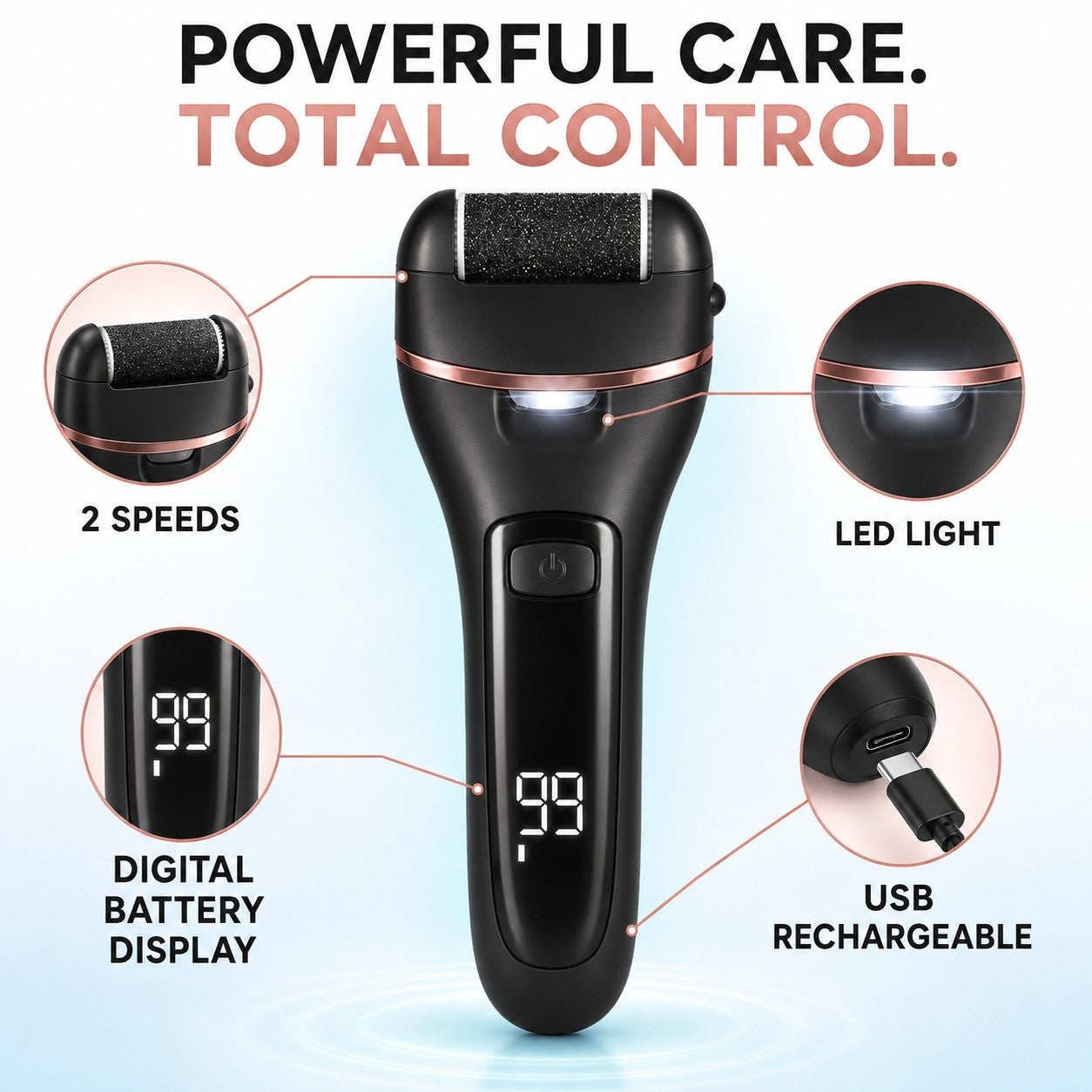 Two speeds, LED light, digital battery display and USB rechargeable