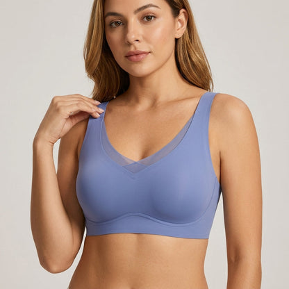 Soletta Wireless Lift V Neck Mesh Bra Blue Model Front