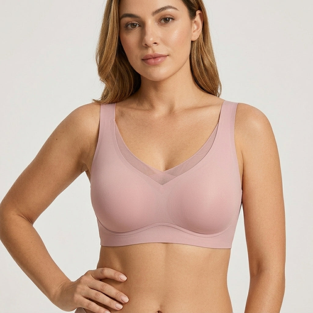 Soletta Wireless Lift V Neck Mesh Bra Pink Angled Front