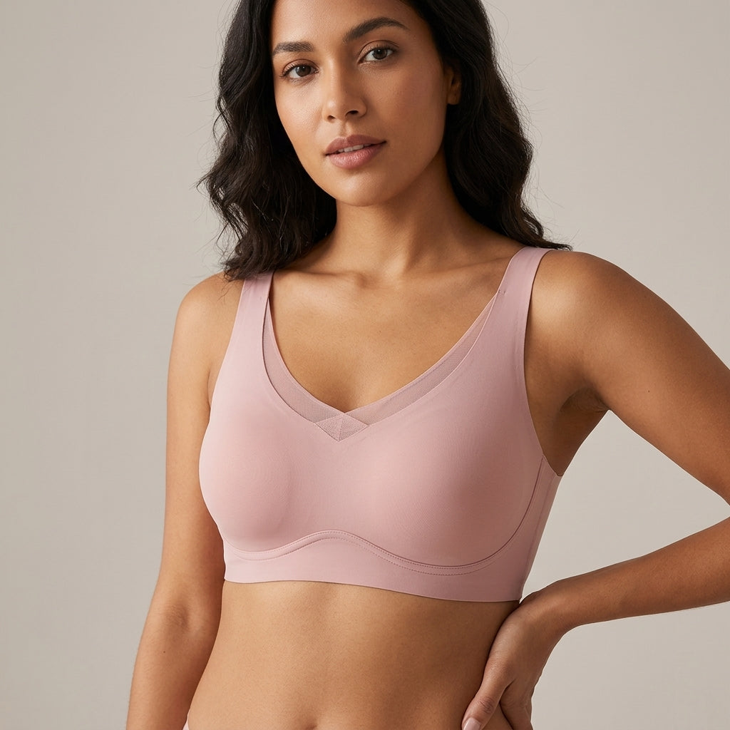 Soletta Wireless Lift V Neck Mesh Bra Pink Model Front