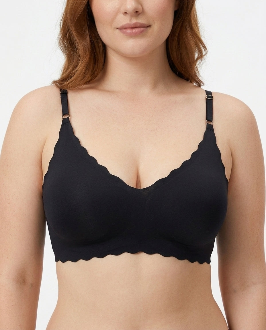 Sora Scalloped V Neck Bralette Black Front Close Detail