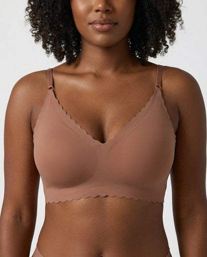Sora Scalloped V Neck Bralette Brown Front Close Detail