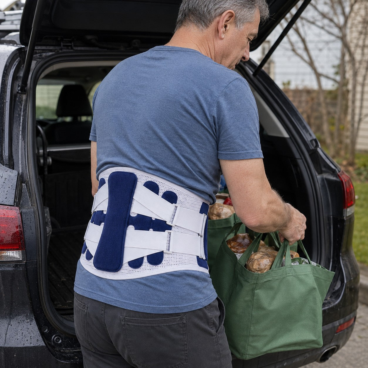 Wearing the SpineEase brace belt while loading the car boot