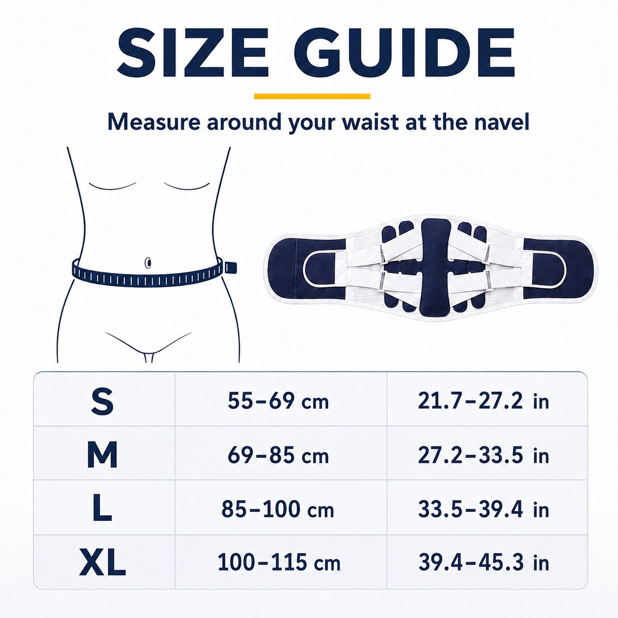 SpineEase lower back support brace belt size chart