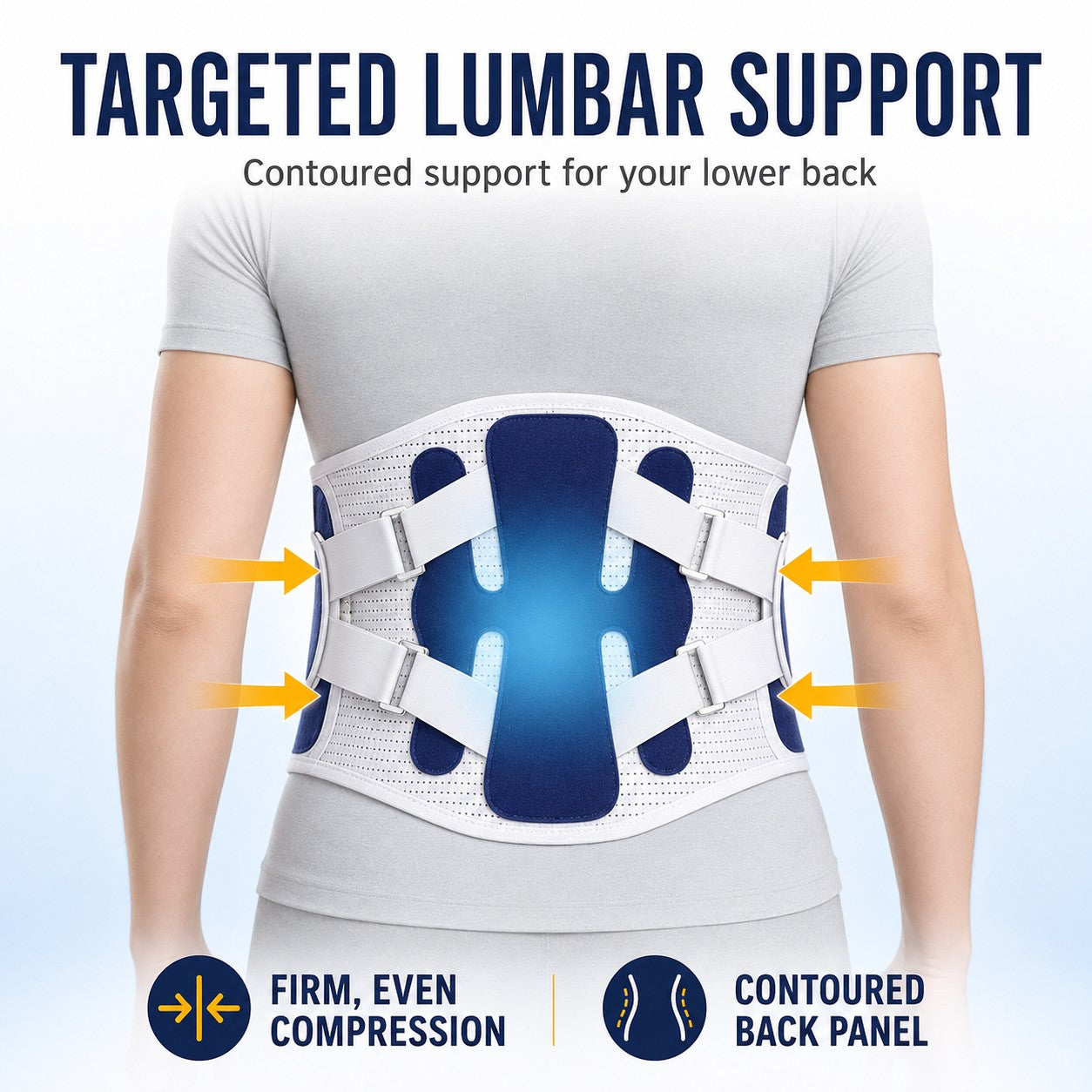 Targeted lumbar support with rigid back stays and firm compression