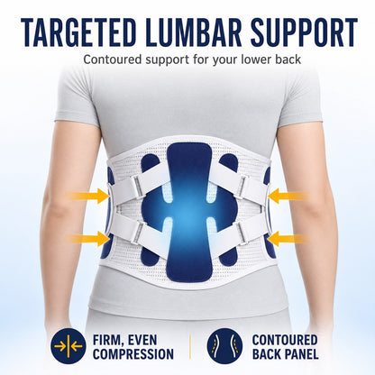 Targeted lumbar support with rigid back stays and firm compression