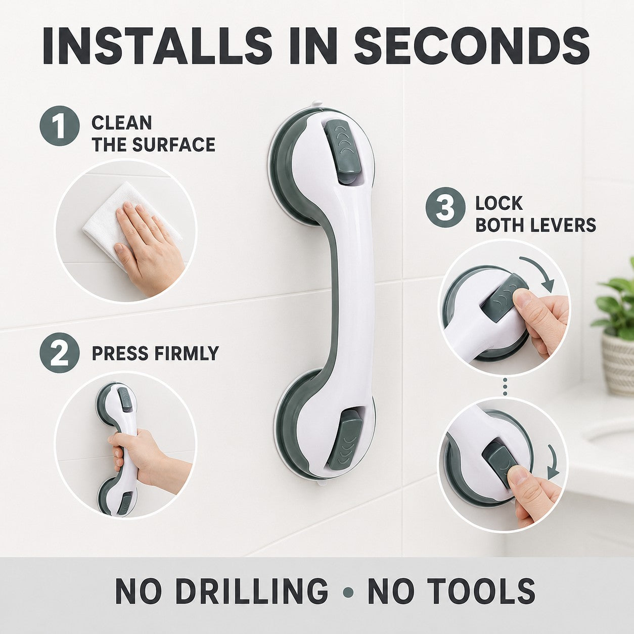 Installs in seconds - clean, press and lock with no drilling or tools