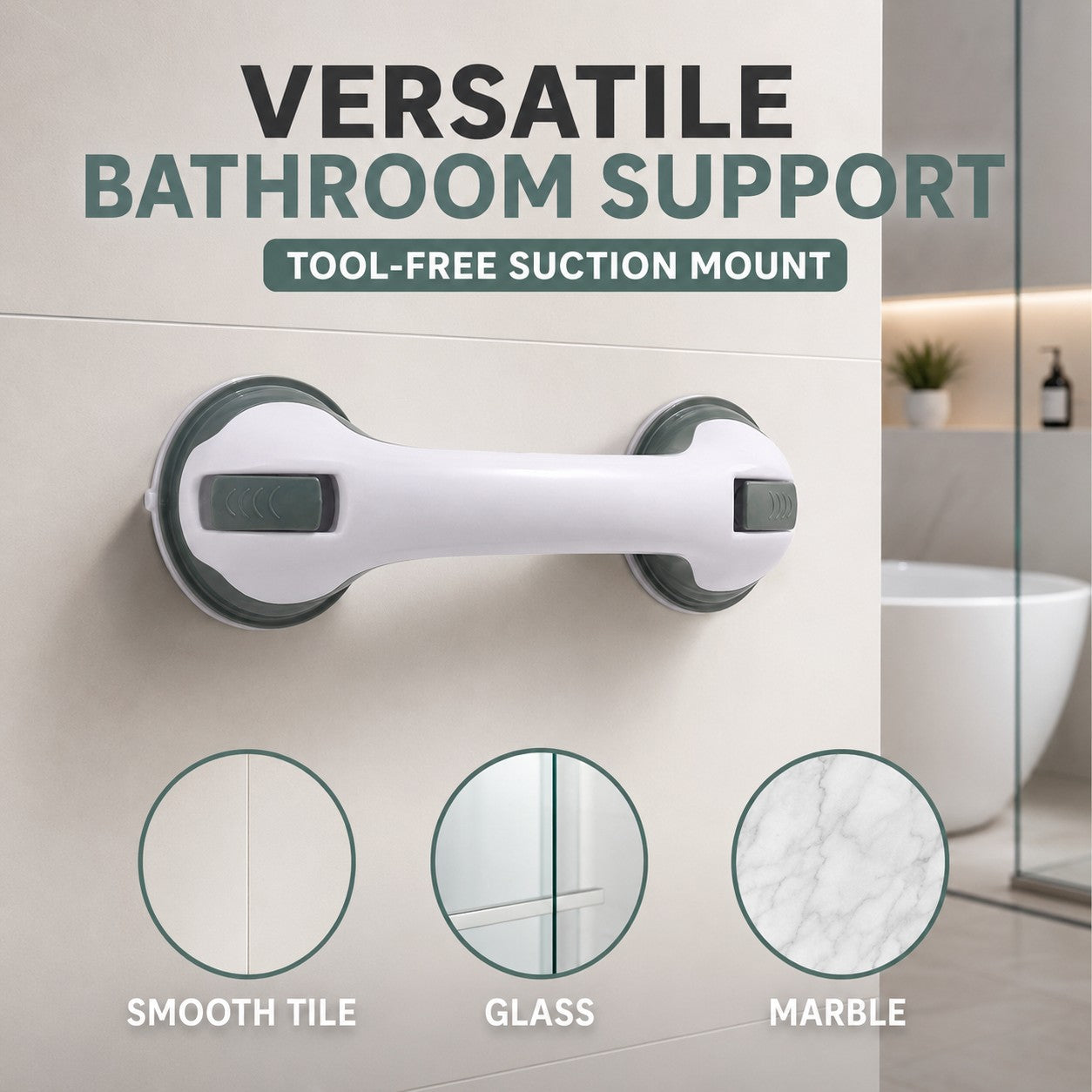 Versatile bathroom support with tool-free suction mount for tile, glass and marble
