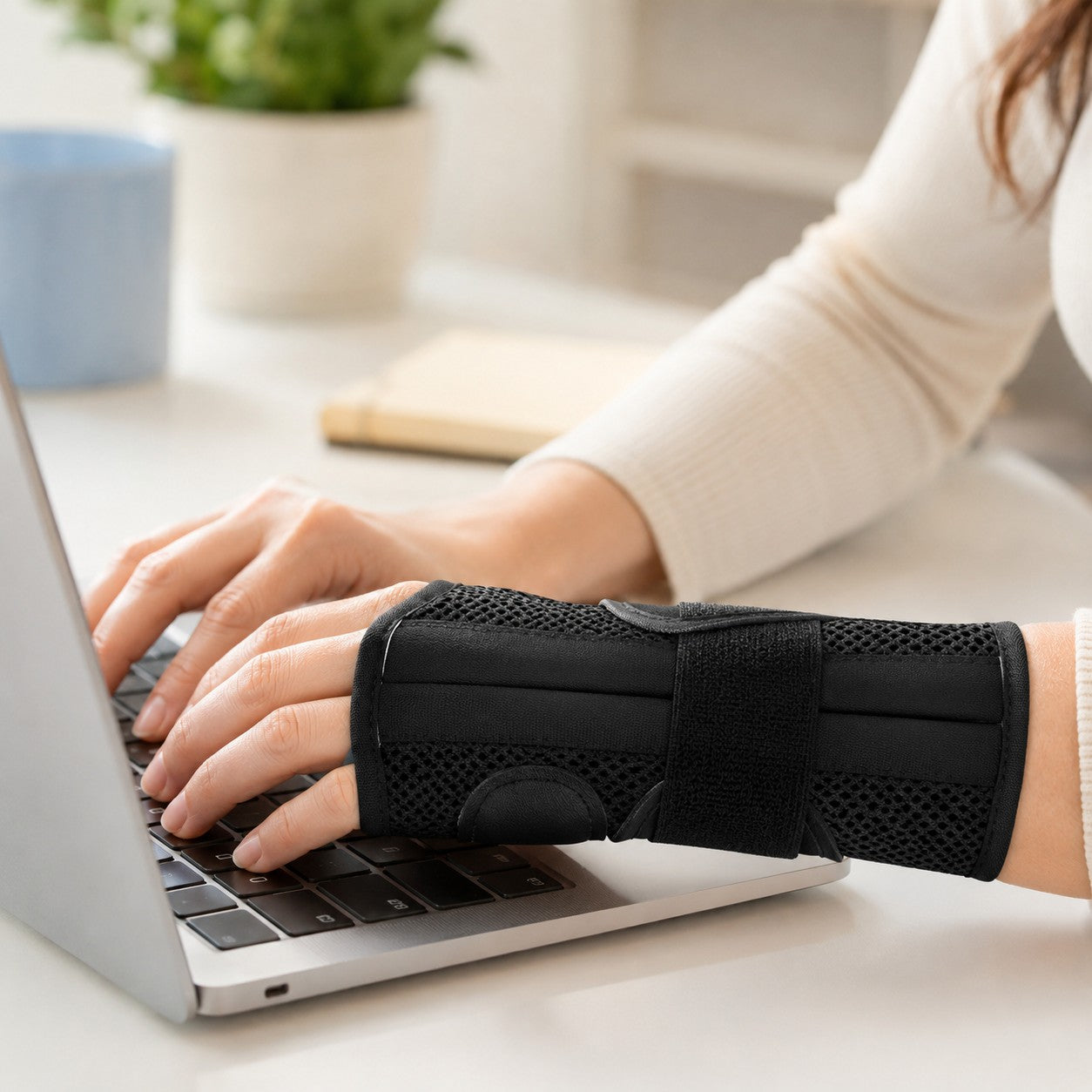 Wearing the SteadyWrist brace while typing