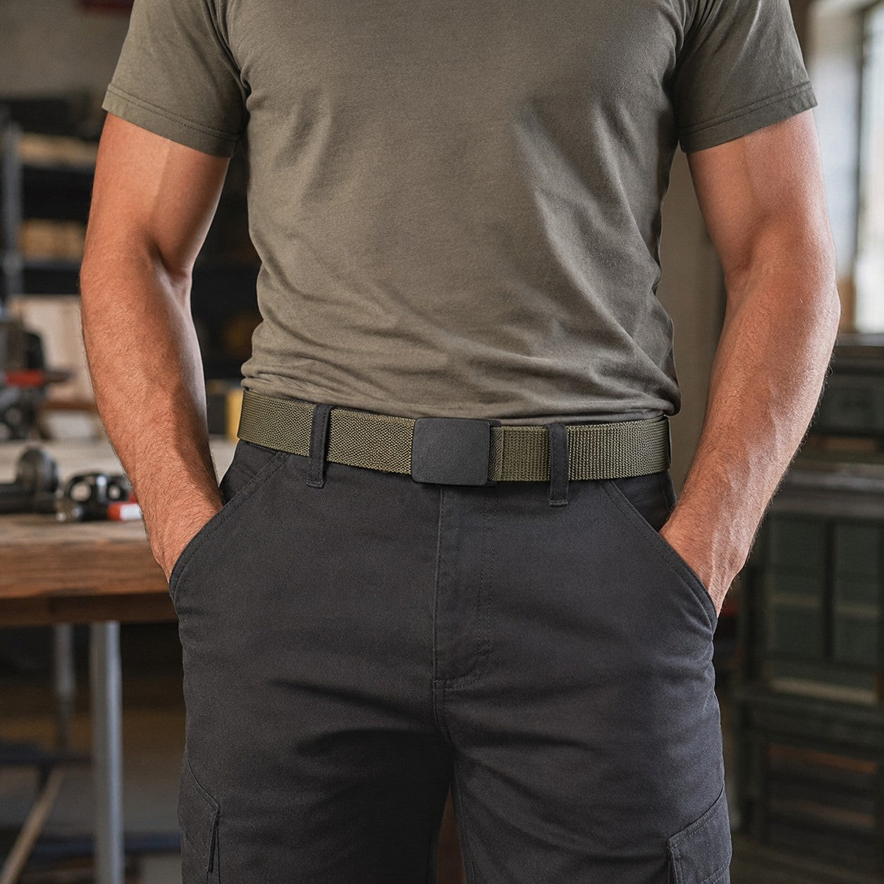 Man wearing the army green TacGrip belt