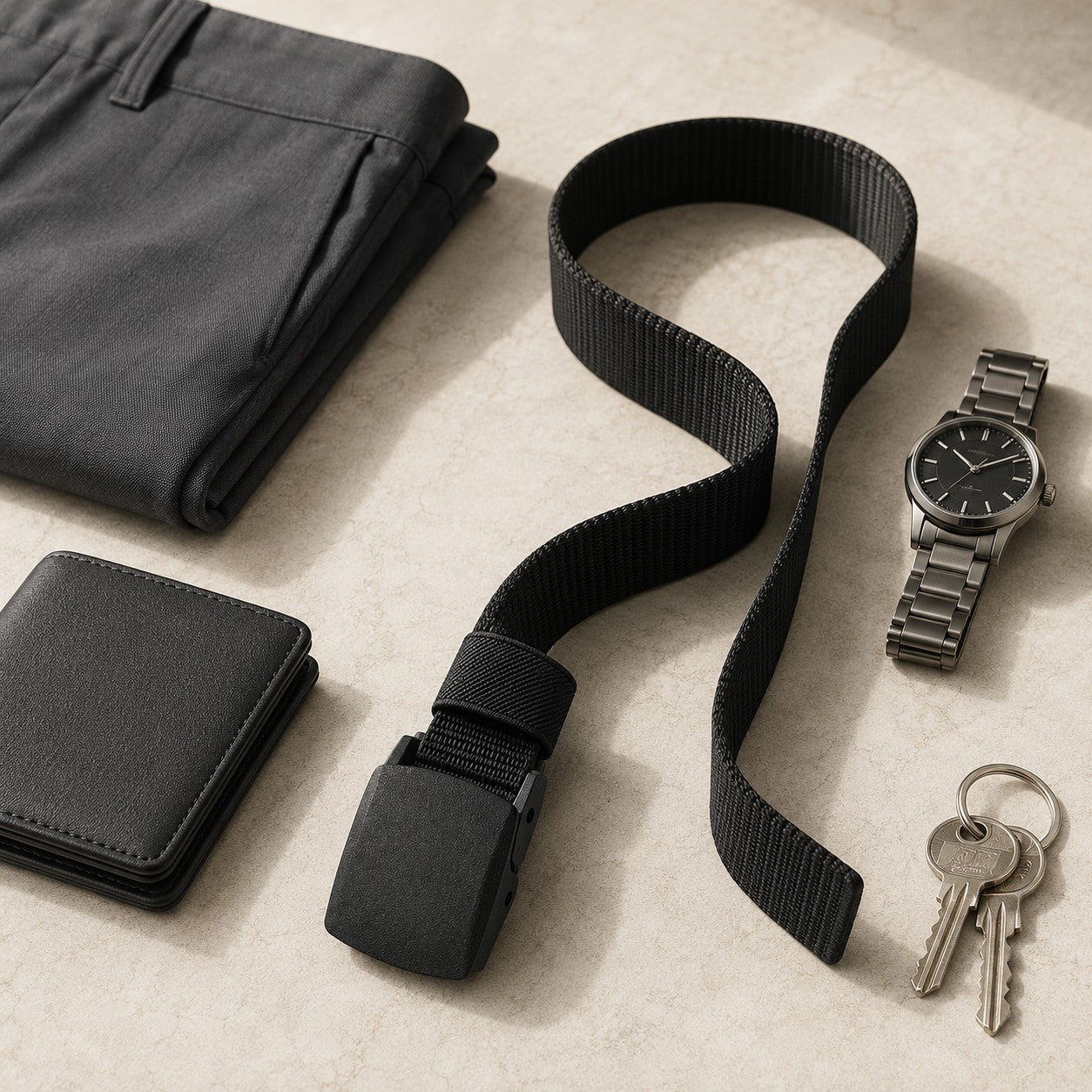 TacGrip belt flat lay with wallet, watch and keys