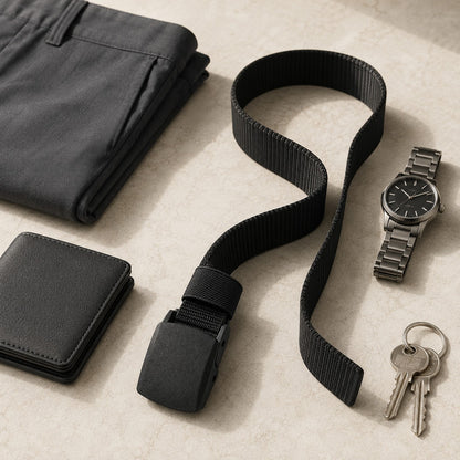 TacGrip belt flat lay with wallet, watch and keys