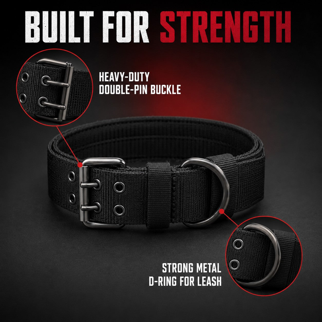 Built for strength with heavy-duty double-pin buckle and metal D-ring