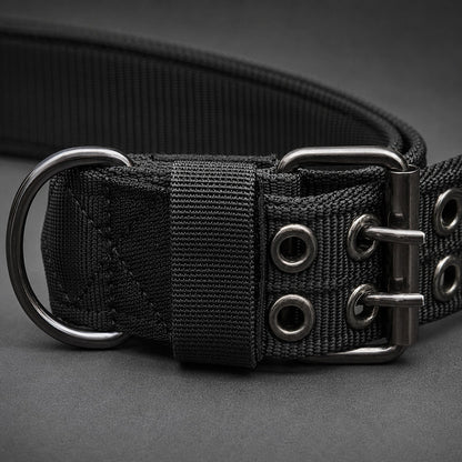 Close-up of the metal D-ring and buckle on the tactical dog collar