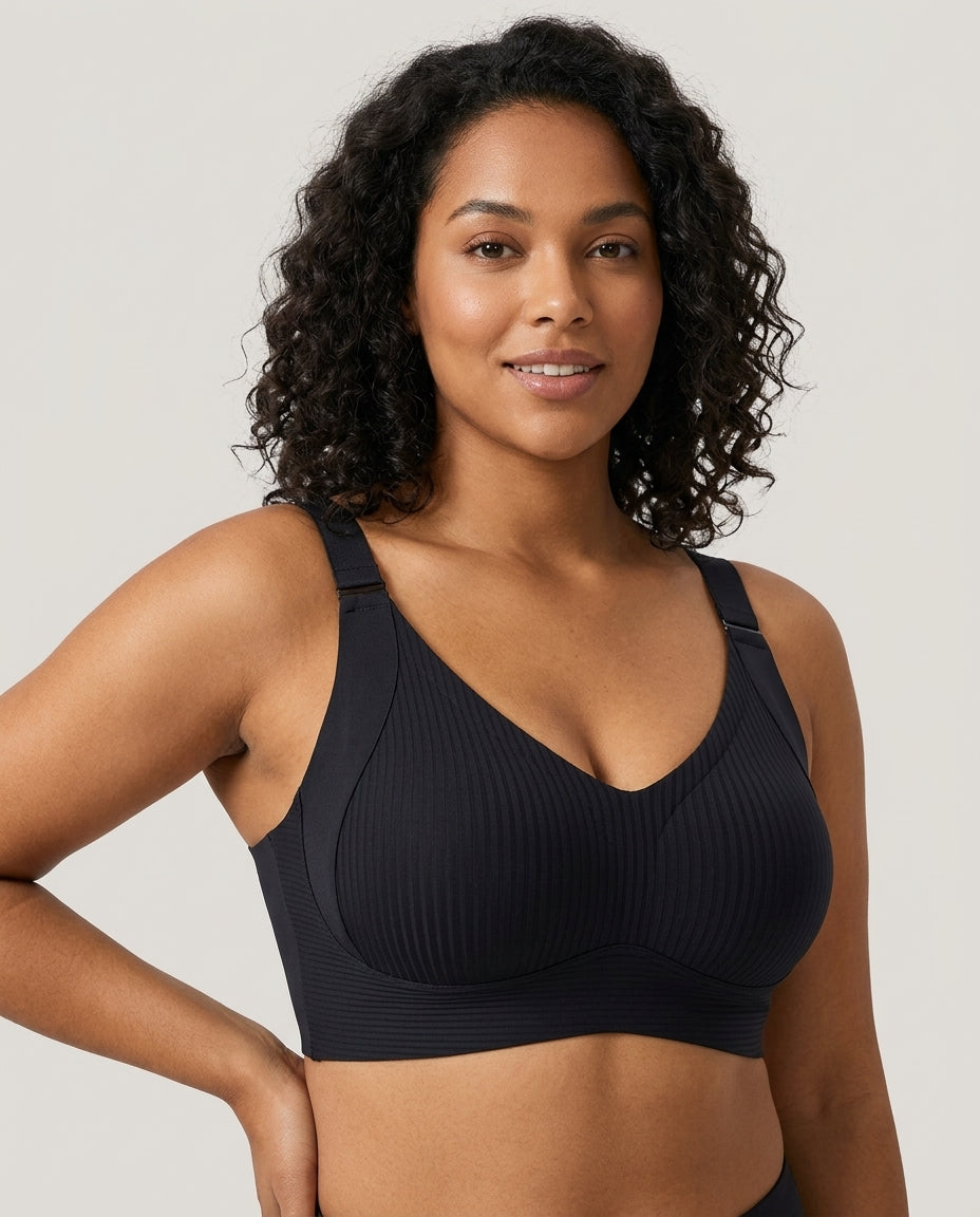 Talia Wide Strap Seamfree Support Bra Black Model Front