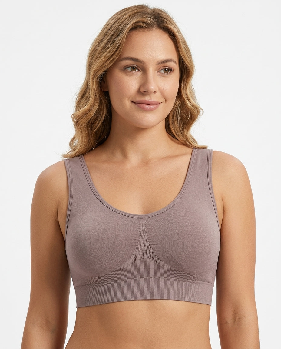 Tessa Seamless Scoop Yoga Bra Mauve Taupe Hero Front New Zealand model