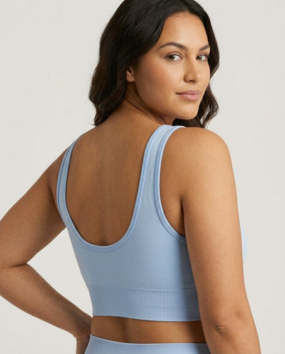 Tessa Seamless Scoop Yoga Bra Powder Blue Back Low U Scoop Underband Detail