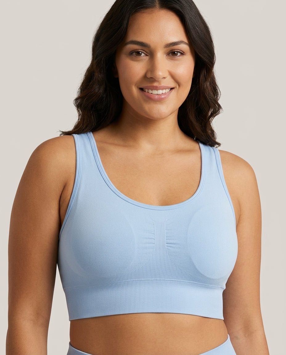 Tessa Seamless Scoop Yoga Bra Powder Blue Hero Front New Zealand model