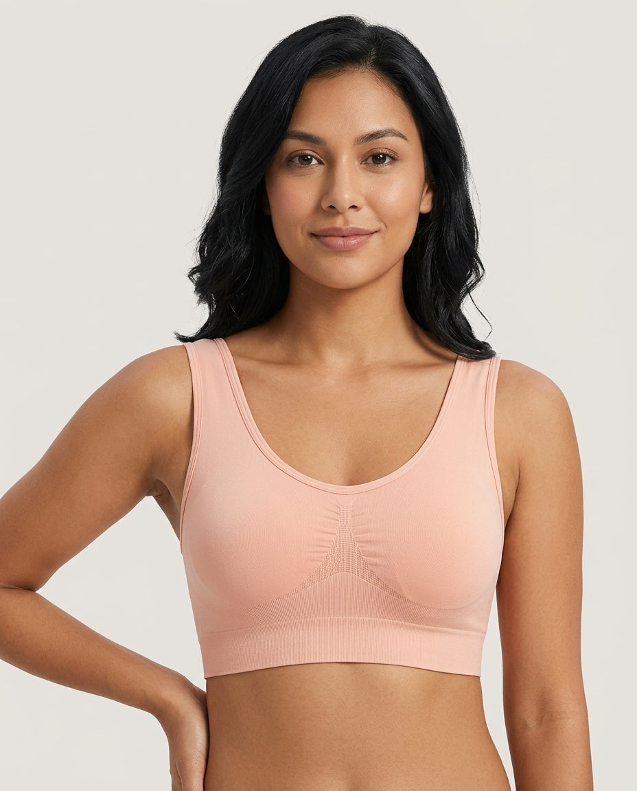 Tessa Seamless Scoop Yoga Bra Soft Peach Pink Hero Front New Zealand model