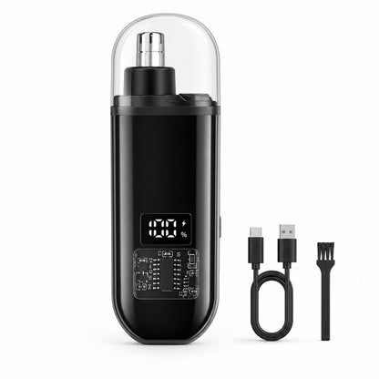 TrimEase nose and ear hair trimmer in black with accessories
