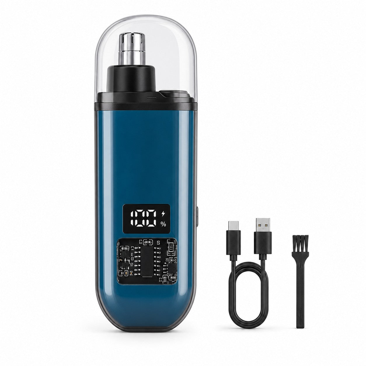 TrimEase nose and ear hair trimmer in blue with accessories