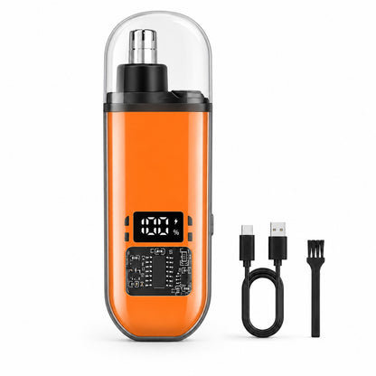 TrimEase nose and ear hair trimmer in orange with accessories