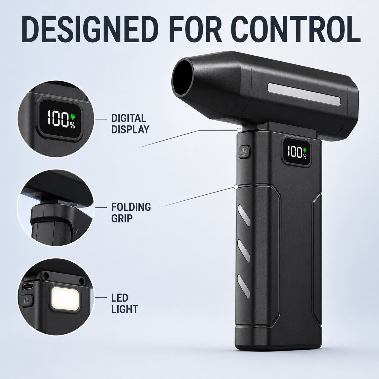 Designed for control: digital display, folding grip, LED light