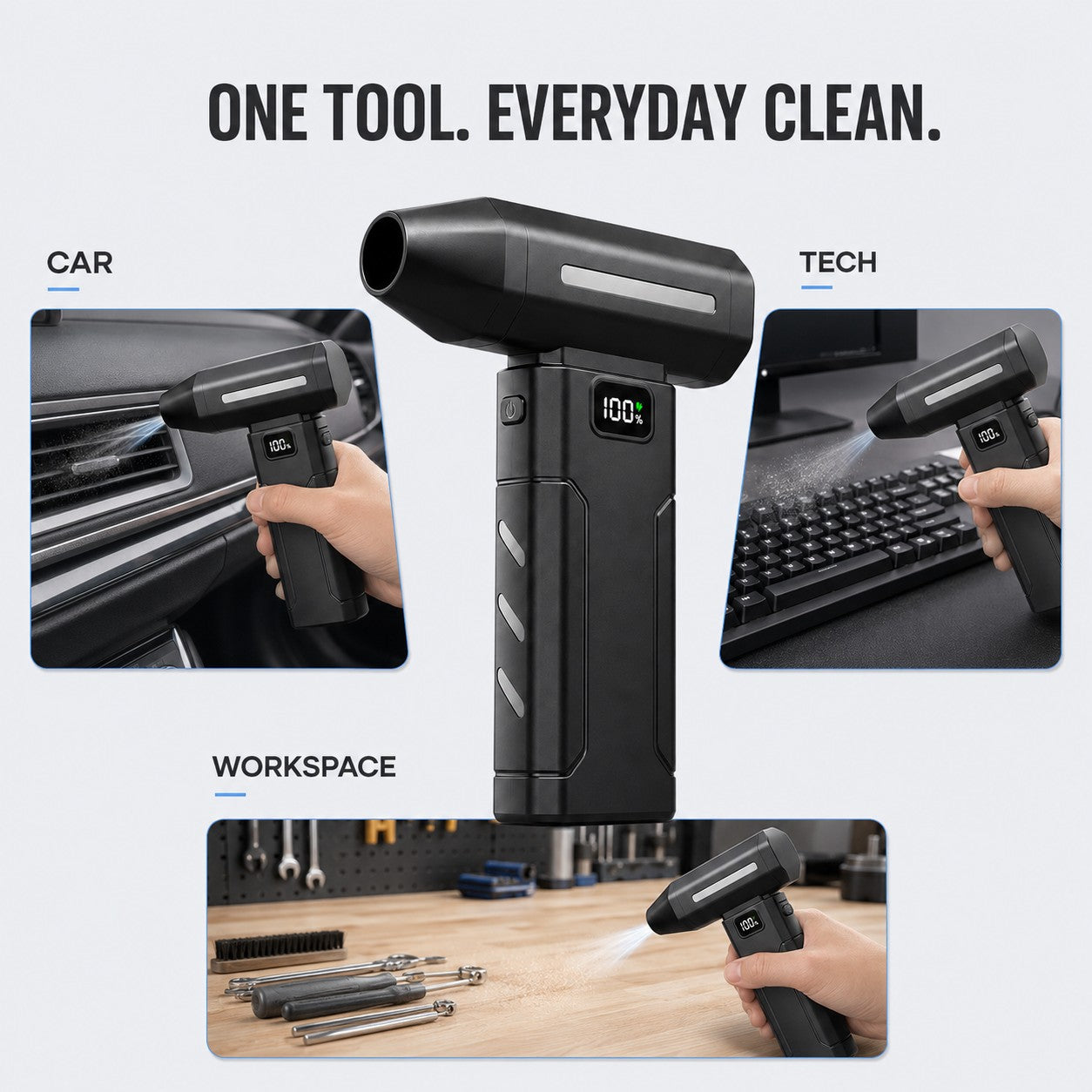 One tool for everyday cleaning: car, tech, workspace