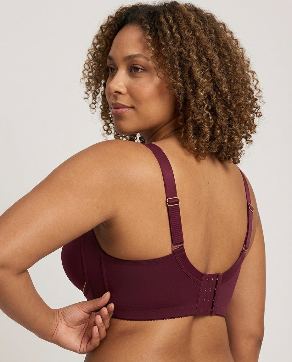 Vera Gathered Full Support Womens Bra Wine Burgundy Back Hook Strap Detail