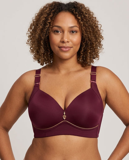 Vera Gathered Full Support Womens Bra Wine Burgundy Hero Front Model